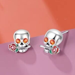 925 Sterling Silver Unisex Skull & Rose Earrings With Gewmstone Eye Punk Gothic